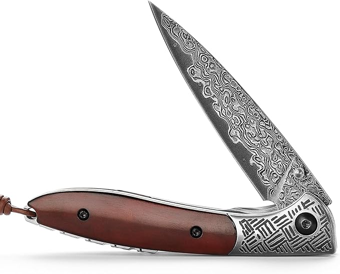 3.15" Handmade Damascus Folding Pocket Knife，EDC Knives Gift for Men，Brown Bone Handle，Ceramic Bearings，Thumb Stud, Steel Bolster, Liner Lock.Piscis Austrinus-02B