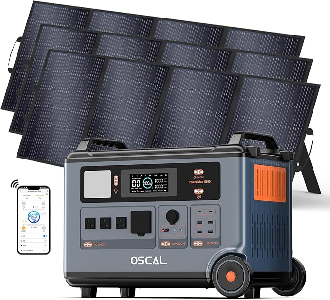 OSCAL Solar Generator 3600Wh PowerMax 6000 with 3X400W Portable Solar Panel, 120V/240V Power Station 6000W AC Outlets (7200W Peak), 2200W AC Charging/2400W Solar Charging, Home Battery Backup