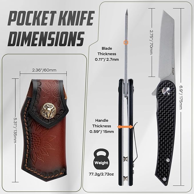 Folding Pocket Knife with Leather Sheath, 2.79??14C28N Steel Blade Carbon Fibre Handle Flipper Liner Lock Small EDC Folding Knife, Sharp Camping Outdoor Survival Knives for Men Women (Black)