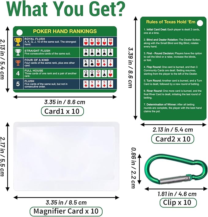 10-Pack (20 Cards) Poker Hand Rankings Cards Set with Magnifier & Clip, Texas Hold'em Cheat Sheet & Rules Guide, Sturdy Poker Chart for Beginners, Pros, Poker Night