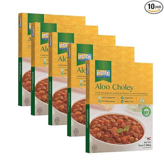 Ashoka Microwavable Meals 1932, Vegan Chickpeas & Potatoes, All-Natural, Kosher Certified, Heat & Serve Meals, Aloo Choley, Real Indian Cuisine, Gluten-Free & with No Preservatives, Pack of 10