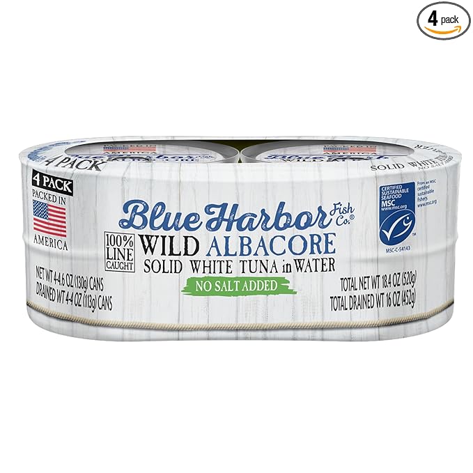 Blue Harbor Fish Co. Wild Albacore Solid White Tuna in Water, No Salt Added - 4.6 oz Canned Tuna (Pack of 4)