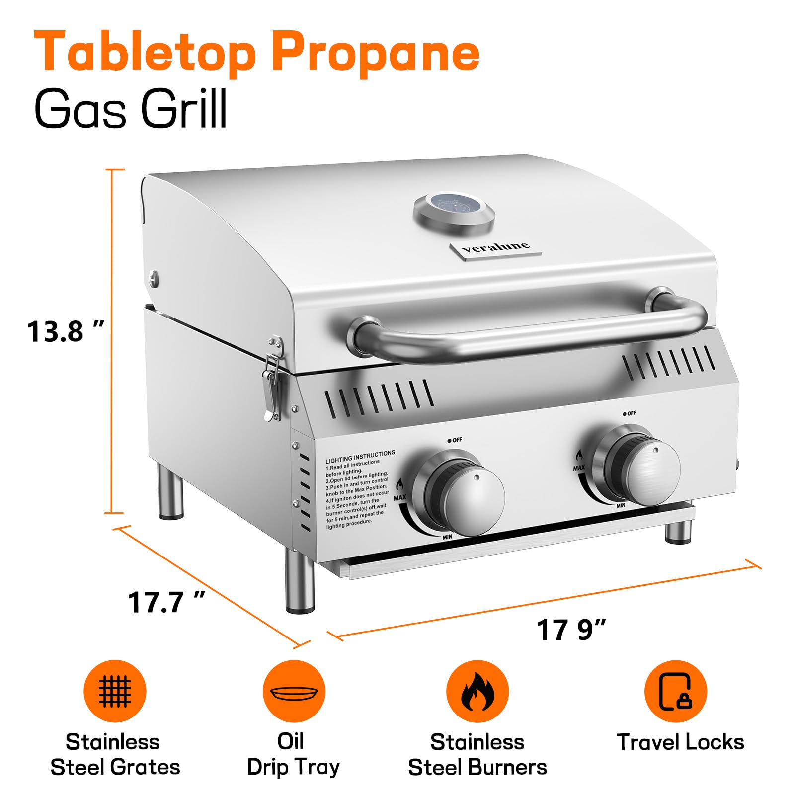 Veralune 2-Burner Tabletop Gas Grill, 22000 BTU Stainless Steel Grill