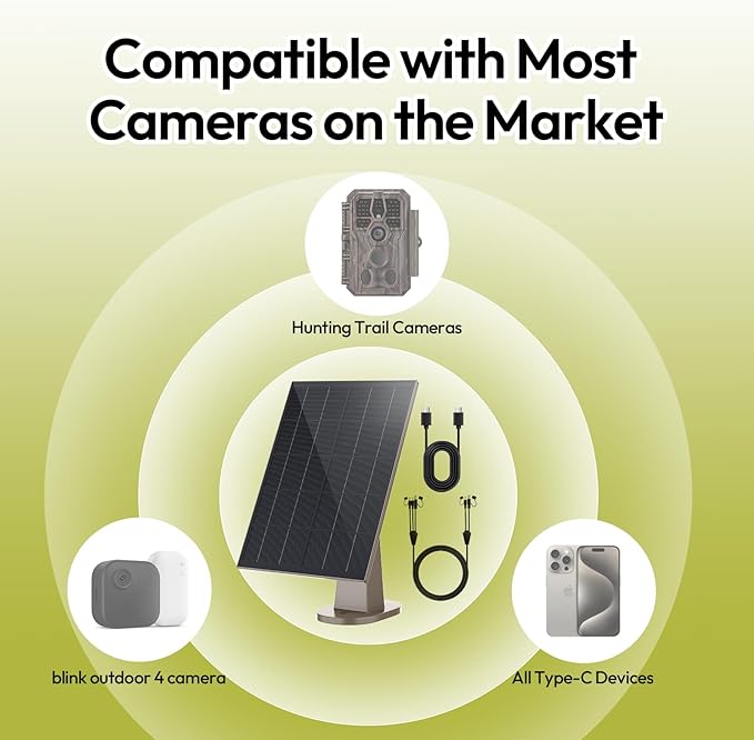 8W Solar Panel for Trail Camera with Build-in 44.4Wh Rechargeable Battery, Comes with 360°Adjustable Mounting, 6V/12V DC & USB-C Port for Outdoor Camera, Trail Camera, Type-C Device IP66 Waterproof