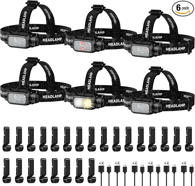 Rechargeable LED Headlamp 6 Pack, High Lumen Super Bright Head Lamp with Red Light, Motion Sensor, 5 Modes, 90° Adjustable, Waterproof Lightweight Headlamps for Adult Running, Camping, Fishing