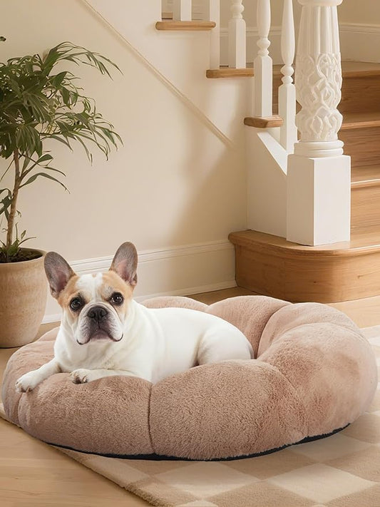 OhGeni 31 inches Calming Donut Orthopedic Dog & Cat Bed for Medium Pets, Warming Comfort Fluffy Short Pile Fur, Durable Waterproof Machine Washable Removable Cover, Cute Round Bed for Puppy, Camel