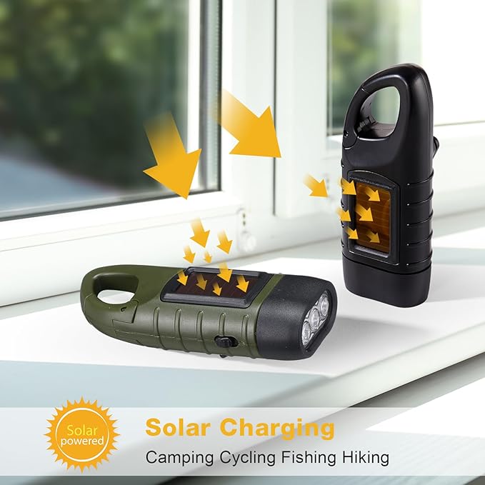 Mudder 4 Pack Hand Crank Solar Powered Flashlight Emergency Rechargeable Led Flashlight Survival Gear Self Powered Charging Torch for Hiking Backpack Camping Safety Emergency Pack (Green, Black)