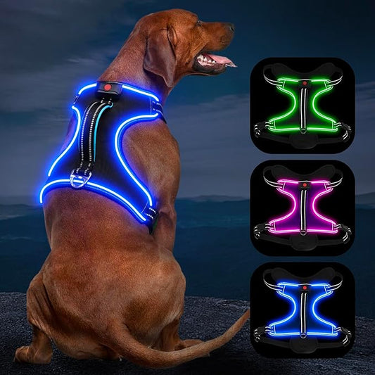 LED Light Dog Harness, X-Large, Black-Blue, No-Pull, Rechargeable, for Large Dogs