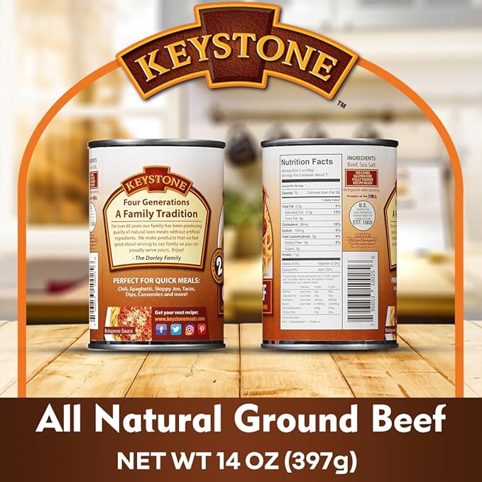 Keystone Meats All Natural Heat & Serve Ground Beef 14 Oz Fully Cooked Canned Meat 5-Year Shelf Life Ready to Eat, Pantry Staple for Everyday Meals & Survival Food, Gluten-Free, Made in USA, Pack of 6