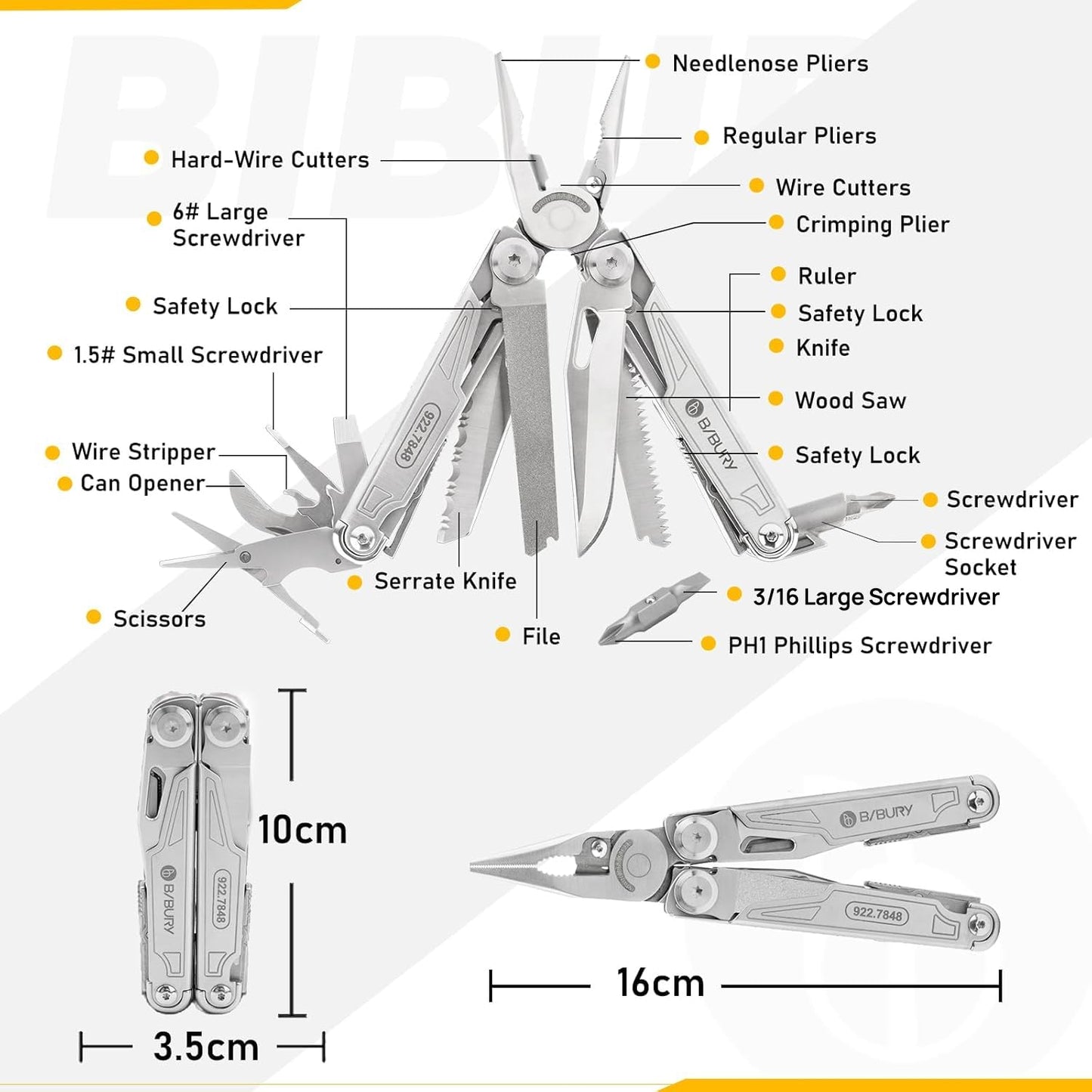 BIBURY 19-in-1 Multitool Pliers with Pocket Knife & Pocket Clip, BI2038A