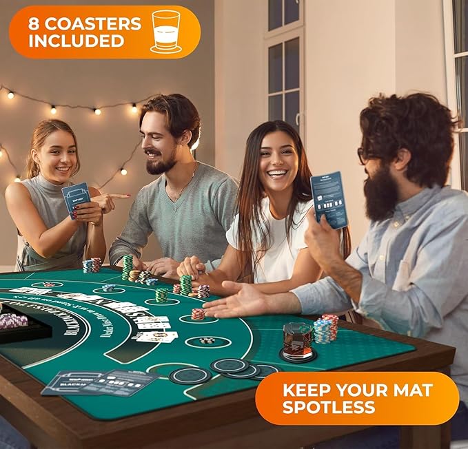 Newverest Blackjack Mat 70" x 35", Blackjack Table Top for Home Game Nights with Friends | Black Jack Casino Table Topper, Poker Mat Layout in Zipper Storage Bag with 8 Coasters in Gift-Ready Box