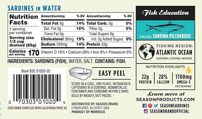 Season Sardines in Water - Wild Caught Fish, 22g of Protein, Keto Snacks, More Omega 3's Than Tuna, High in Calcium, Canned Sardines - 4.37 Oz Tins, 12-Pack