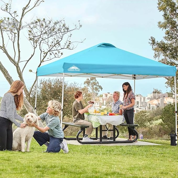 EAGLE PEAK Pop Up Canopy Tent with Wheeled Carry Bag, 8 Stakes, 4 Ropes, 4 Weight Bags, Easy Set Up Tent Canopy, 10x10 ft, 100sqft of Shade, Light Blue
