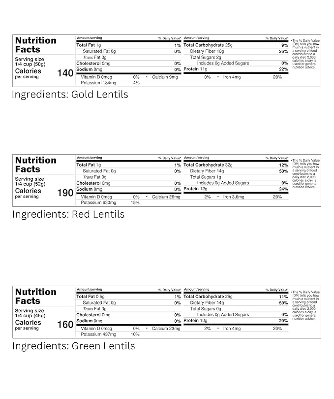Red Lentils | Green Lentils | Golden Lentils | 12 LBS Total | Non-GMO | 100% Non Irradiated | Kosher | USA Grown | Vegan
