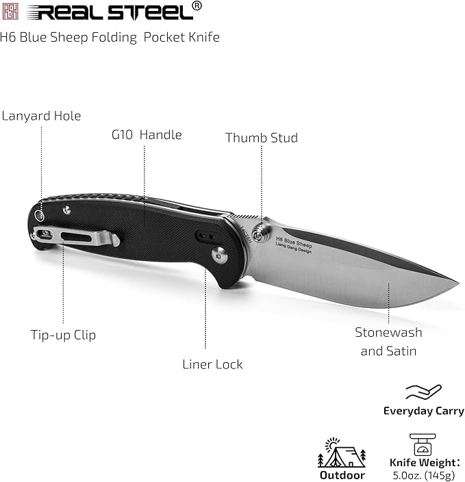 REALSTEEL H6 Blue Sheep Folding Pocket Knife, Liner Lock, 3.74" 14C28N Stonewash Blade, Thumb Stud, G10 Handle, 5oz, Tip-up Pocket Clip, EDC, Gifts, Camping Hiking Hunting(Drop Point Stonewash)