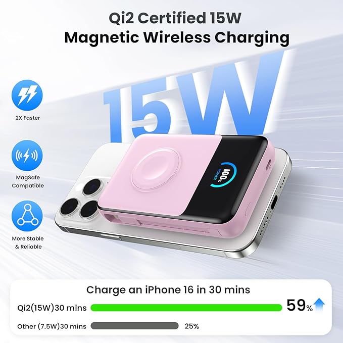 Magnetic Portable Charger 10800mAh with Built-in Cables,5-in-1 Qi2 Certified 15W Wireless Power Bank with iWatch Charger,30W PD Fast Charging USB-C Battery Pack for iPhone 17/16/15/14/13/12-Pink