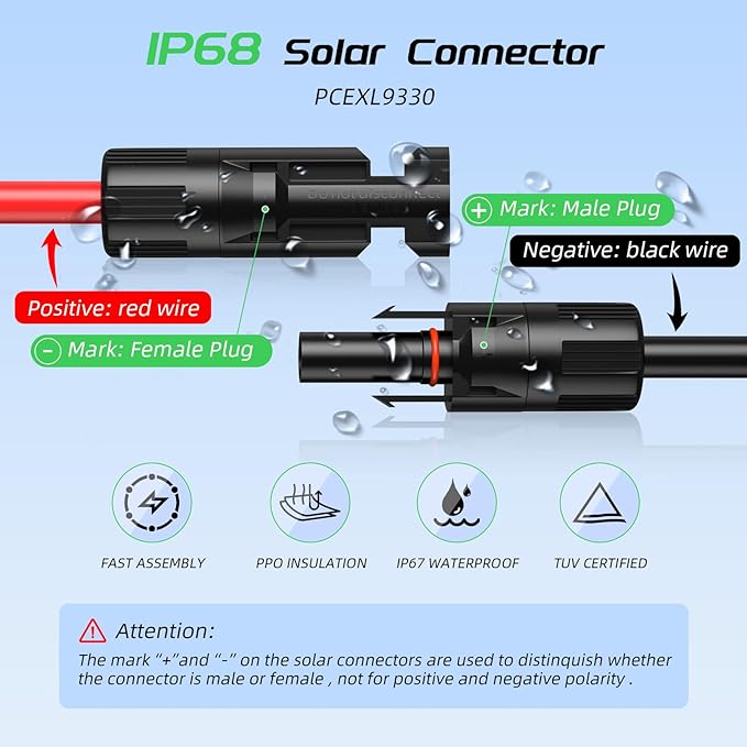 30FT 10AWG Solar Panel Extension Cable, Bateria Power 6mm² Solar Extension Cable Wire with Female & Male Waterproof Connectors for RV, Photovoltaic Systems