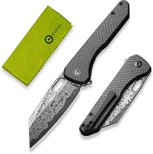 CIVIVI Nugz Folding Pocket Knife for EDC, 3.17" Damascus Reverse Tanto Blade Twill Carbon Fiber Overlay on Black G10 Handle Flipper Knife for Ideal Gift to Men Women C23060-DS1 (Black)