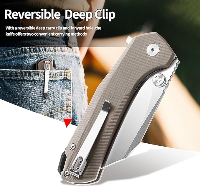 ioko Folding Pocket Knife, 3.5-Inch D2 Steel Blade, G10 Handle, EDC Camping Survival Knife with Clip (Brown)