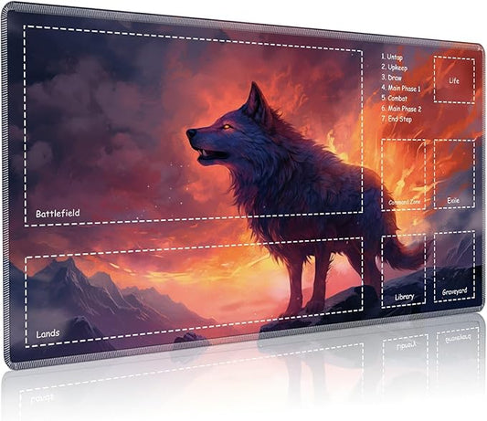 Playmat for MTG with Zones, 24 x 14 inches Game Play Mat for MTG TCG, Trading Card Game Play Mat Desk Mats with Stitched Edges Non-Slip Base, Fire Wolf