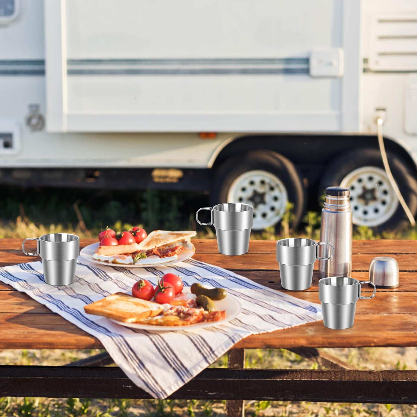 Ftabernam 4-Pack Stainless Steel Camping Cups with Foldable Handle, 10 oz Camping Coffee Mugs with