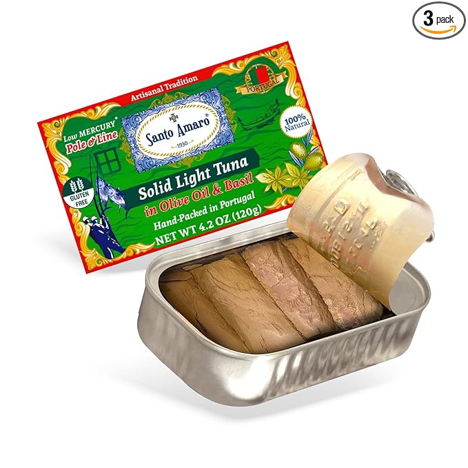 Santo Amaro - Artisanal Wild Tuna Fillets in Olive Oil & Basil, Pole & Line Wild Caught Tuna from Portugal Hand-Packed Venice-Style! Canned Tuna Fish, 22g Protein, Paleo, Keto, Low Mercury, Pack of 3
