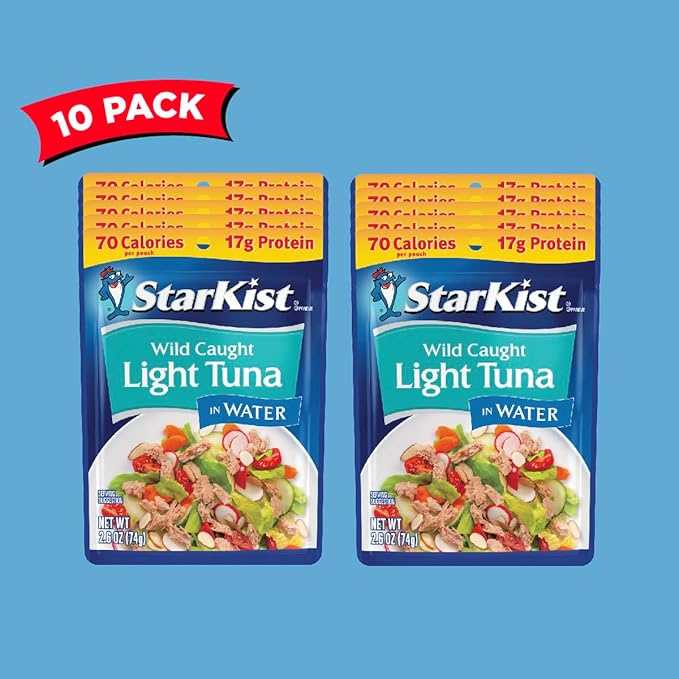 StarKist Chunk Light Tuna in Water, 2.6 oz Pouch (10 Pack) Ready to Eat Wild Caught Tuna, 17g Protein, 70 Calories Per Serving, Gluten Free, Soy Free, Kosher, Perfect for Salads, Keto Meals and Snacks