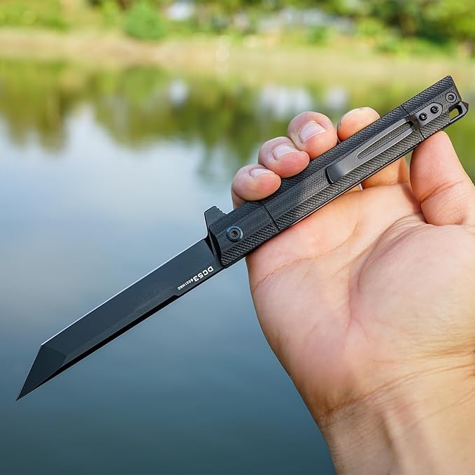 Flipper Pocket Folding Knife,DC53 Steel Blade and G10 Handle. With pocket clip and glass breaker,men's pocket knife hiking trip EDC tool Knife (Black PVD Blade)