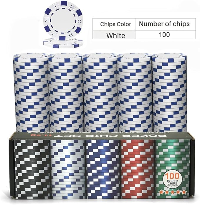 100PCS White Casino Poker Chips Set, 11.5 Gram Plastic Clay Blank Game Chips for Poker Card Games Texas Holdem Blackjack Gambling (with Gift Box)