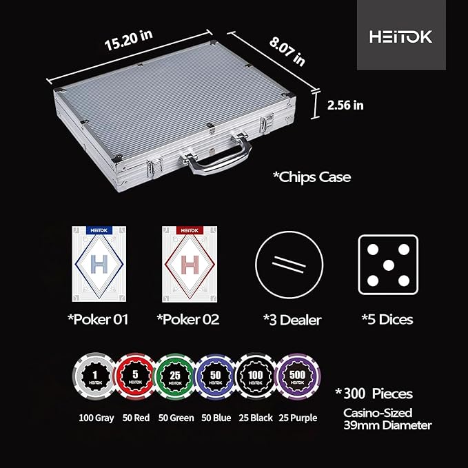 Poker Chips with Denominations, 300-pcs 11.5g Weighted Numbered Casino Chips Set, 5 Dice, 2 Decks with Compact Aluminum Case for Texas Hold'em, Blackjack, Age 8 and Plus