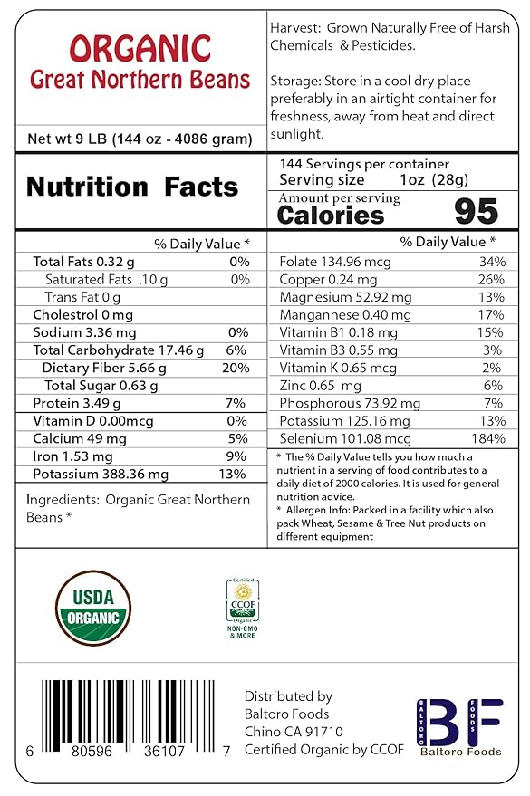 Organic Great Northern Beans,Raw, non GMO, Vegan, Bulk (9LB)