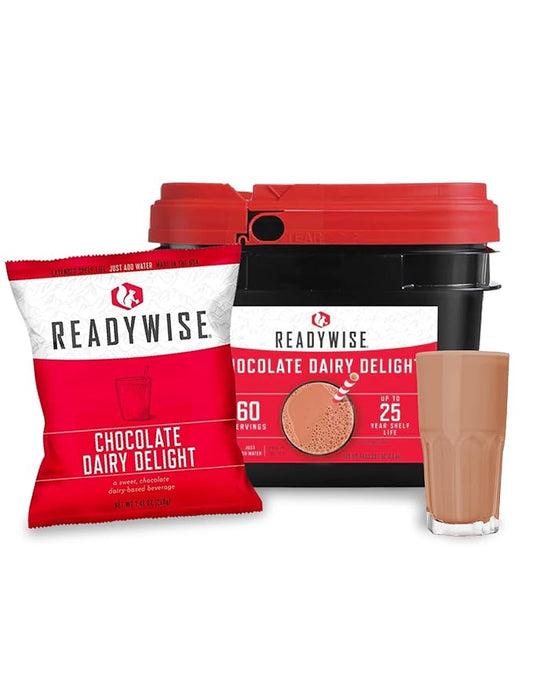 ReadyWise Whey Chocolate Powdered Milk Bucket - 60 Servings, Emergency Food Supply, Protein Camping Meals, Survival Kit & Camping Essentials, Bug Out Bag Supplies, up to 25 Year Shelf Stable Life