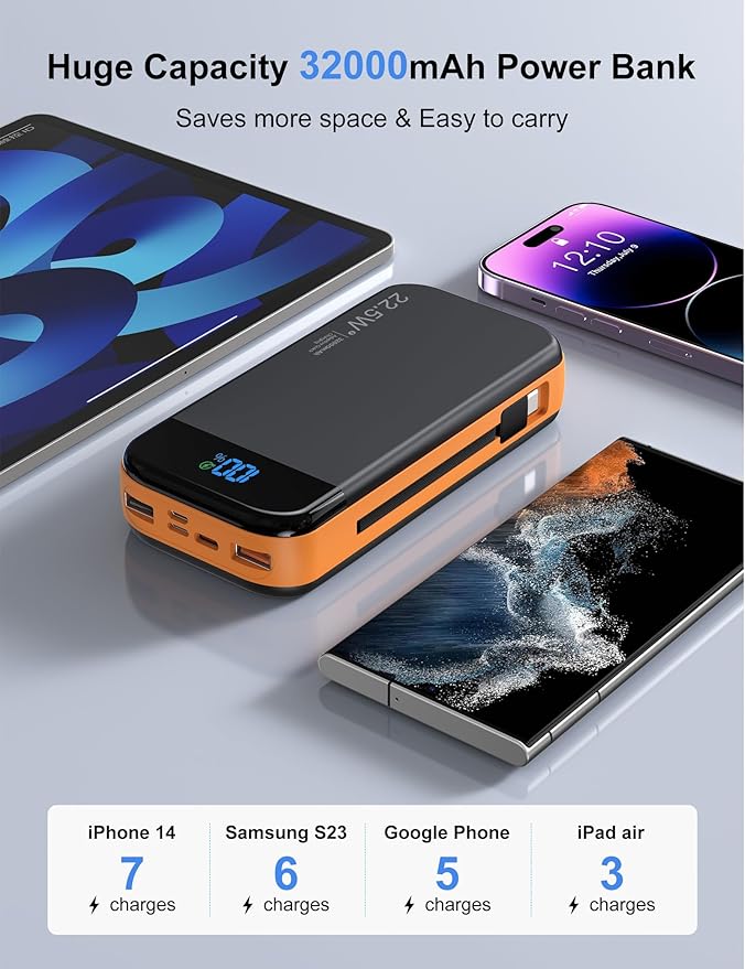 Portable Charger Power Bank Built-in Cables, 32000mAh 22.5W USB C Fast Charging, 5 Outputs 3 Inputs Travel Essentials Battery Pack Compatible with iPhone, iPad, Samsung, Google Pixel, Orange