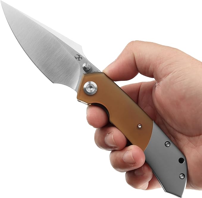 KANSEPT Fenrir Pocket Folding Knives for Men EDC Camping EDC Knives 3.48'' Satin CPM S35VN Material Camping Fishing Knives with Plain Titanium Amber PEI/Ultem Handle Everyday Carry K1034P1