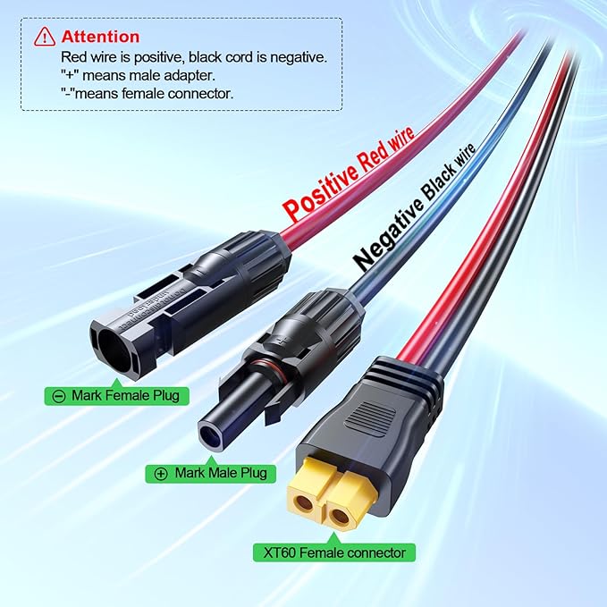 Bateria Power Solar to XT60 Charge Extension Cable with Solar Connectors Caps, Combined Wire Solar Connector to XT60 Adapter Cable for Solar Panel to Battery RV Power Station Generator 10AWG 25FT
