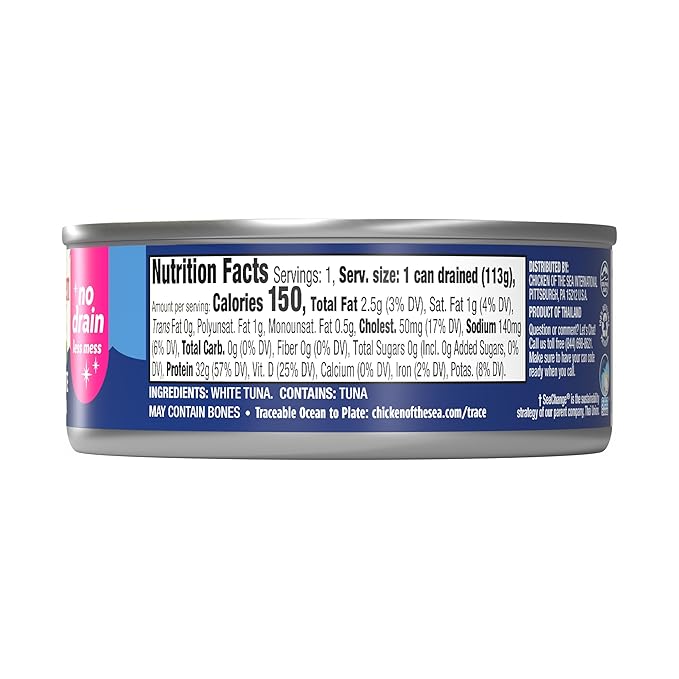 Chicken of the Sea Solid White Pure Tuna, Wild Caught, No Drain, Low Sodium, 4 oz. Can (Pack of 24)