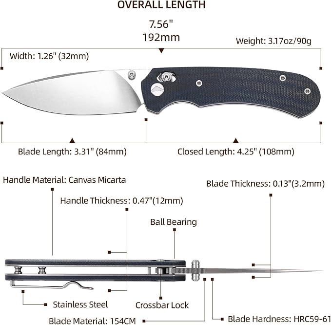 Folding Knife,Pocket Knife,3.31??154CM Blade,Erogonomic Canvas Micarta Handle,Survival Camping Knife with Pocket Clip,EDC Knife for Camping, Hunting, Hiking, Survival,Blue