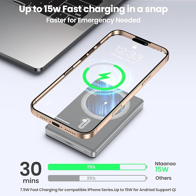 Magnetic Power Bank,Ultra Slim Wireless Portable Charger 10000mAh,20W PD Magnetic Power Bank Fast Charging,USB C in&Out Powerbank for iPhone 16/15/14/13/12 Pro Max