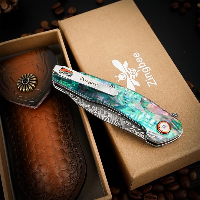 Damascus Pocket Knife, 3.03" VG10 Damascus Steel Blade Folding Knife with Abalone Shell Handle, EDC Camping Knives for Outdoor Indoor, Gifts for Women Men