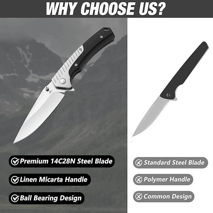 FLISSA Pocket Knife with 3.35" 14C28N Steel Blade, Liner Lock Folding Knife with Micarta Handle for EDC, Camping, Hiking, Outdoor Activities, Gift for Men and Women