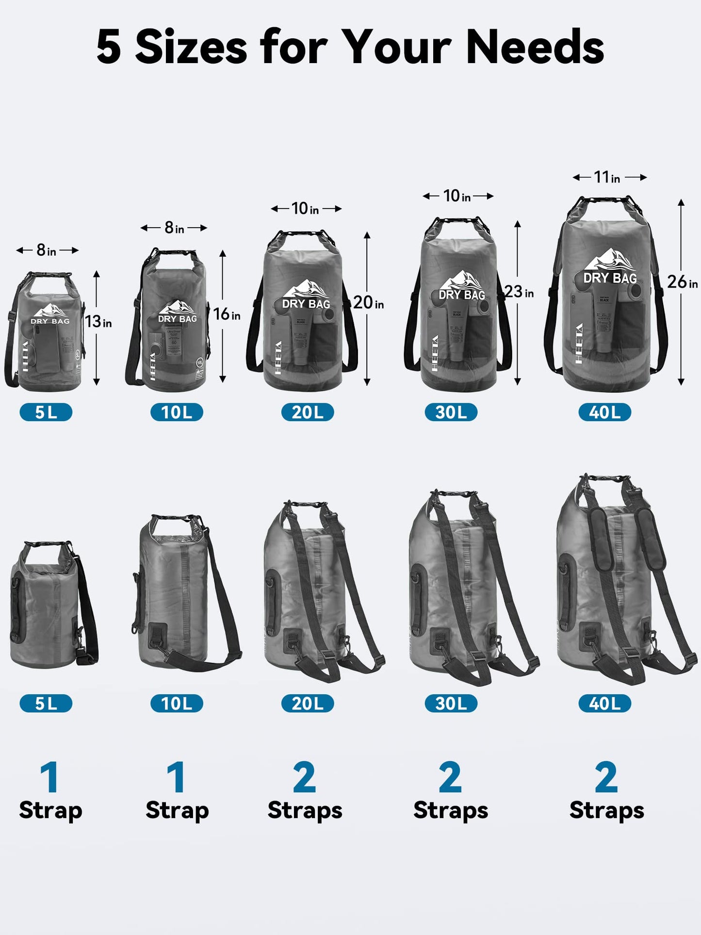 HEETA Dry Bag Waterproof Backpack with Phone Case (Transparent Black, 5L)