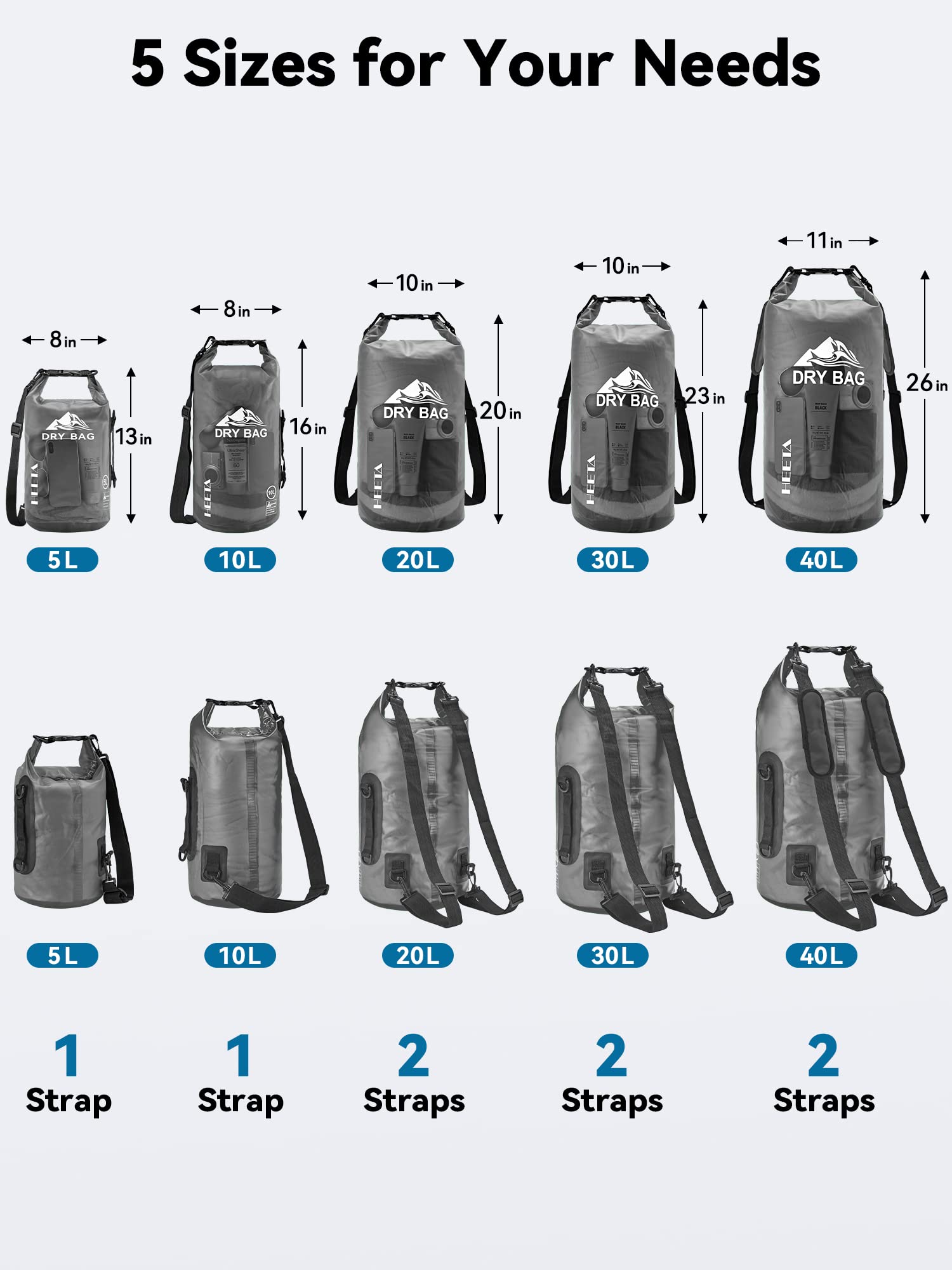 HEETA Dry Bag Waterproof Backpack with Phone Case (Transparent Black, 5L)
