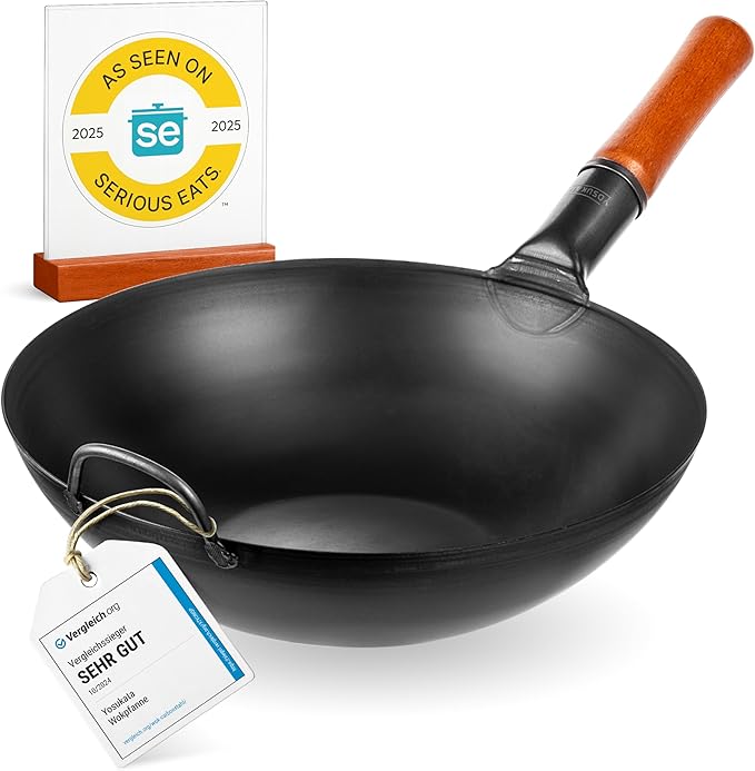 YOSUKATA 13.5" Carbon Steel Wok Pan – Pre-Seasoned Flat Bottom Pow Wok for Stir Fry, BBQ, Grill & Camping – Traditional Japanese Chinese Cookware – Compatible with Induction, Electric, Gas, Open Fire