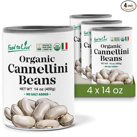 Food to Live Organic Italian Canned Cannellini Beans, 14 oz (Pack of 4) - Unsalted Non-GMO White Kidney Beans. Good Source of Fiber and Protein