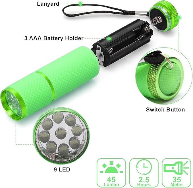 AHIER 9 LED Glow in Dark Flashlights, Rubber Coated Small Flashlights with Straps, Portable Handy Lights for Camping, Hiking, Indoor, Assorted Colors (Green)