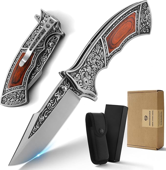 Pocket Knife with Sheath and Clip, 440C Stainless Steel Folding Knife 3D Retro Embossed Pattern, Gifts Christmas, Birthday, Father's Day (D-J37)