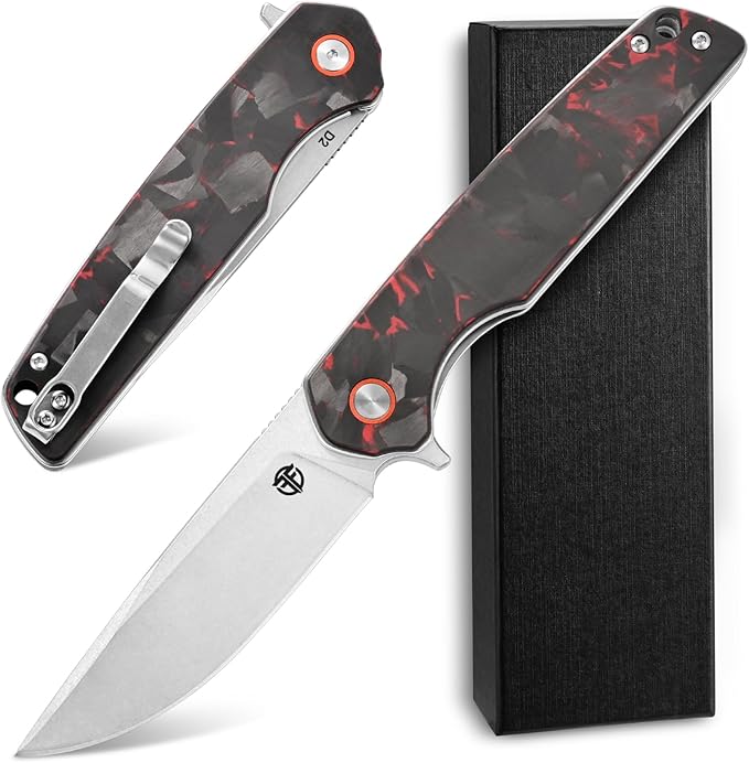 FF19 Folding Pocket Knife，D2 Steel Blade Carbon Fiber Handle EDC Tool Knife for Outdoor Camping Hunting Fishing Working(Red)
