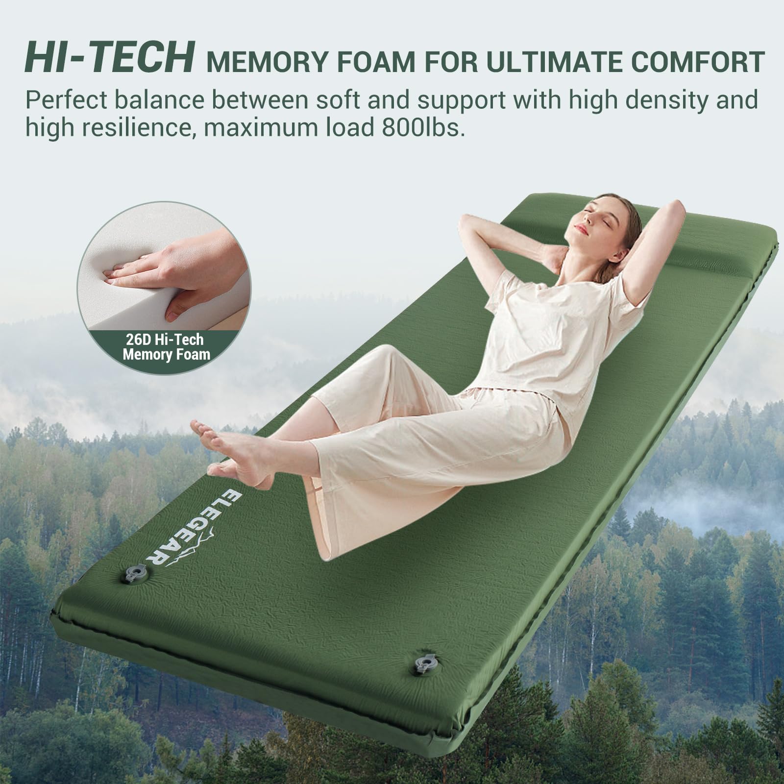 Elegear Self Inflating Sleeping Pad with Pillow 26D Memory Foam 3.15"