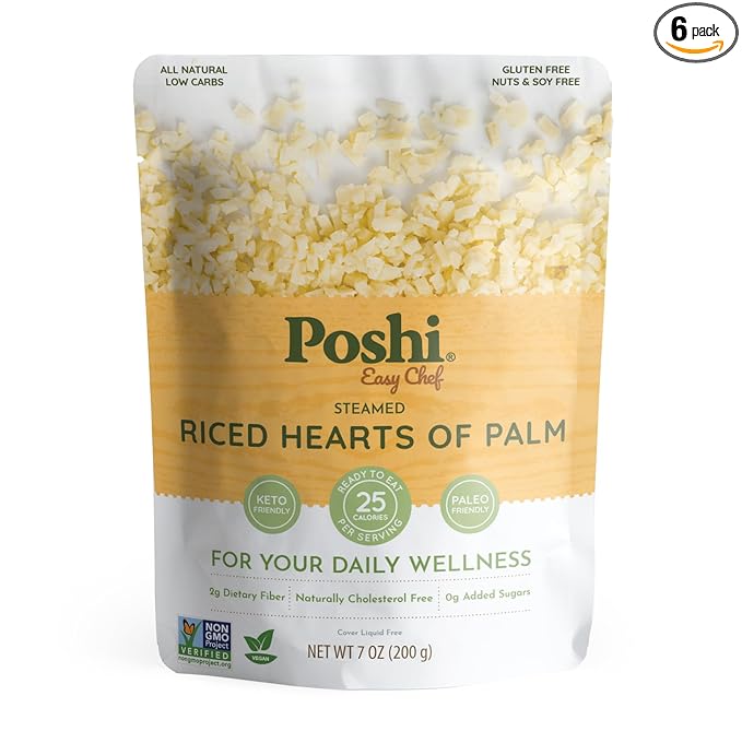 POSHI Riced Heart Of Palm | All Natural, Fully Cooked, Ready to Eat, Non-GMO, Low Calorie + Carb, Gluten Free, Vegetable Rice, Meals, On The Go, Plant-Based, Healthy, Veggies (7oz, 6 Pack)