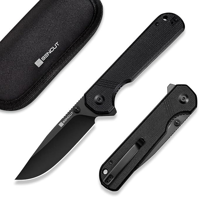 SENCUT Aetheris Pocket Knife, EDC Folding Knife with 3.68'' 9Cr18MoV Blade & Canvas Micarta Handle, Reversible Clip for Camping Hiking S24095-3(Black)